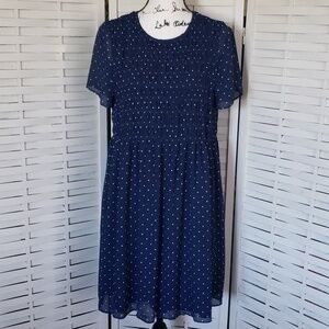Madewell navy blue white small dots smoked chest fully lined short sleeves dress